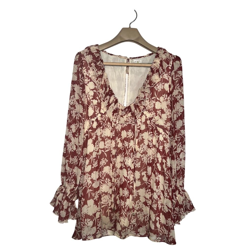 By Together Mini Dress Burgundy Floral Flowy LARGE Ruffle Open Split Back